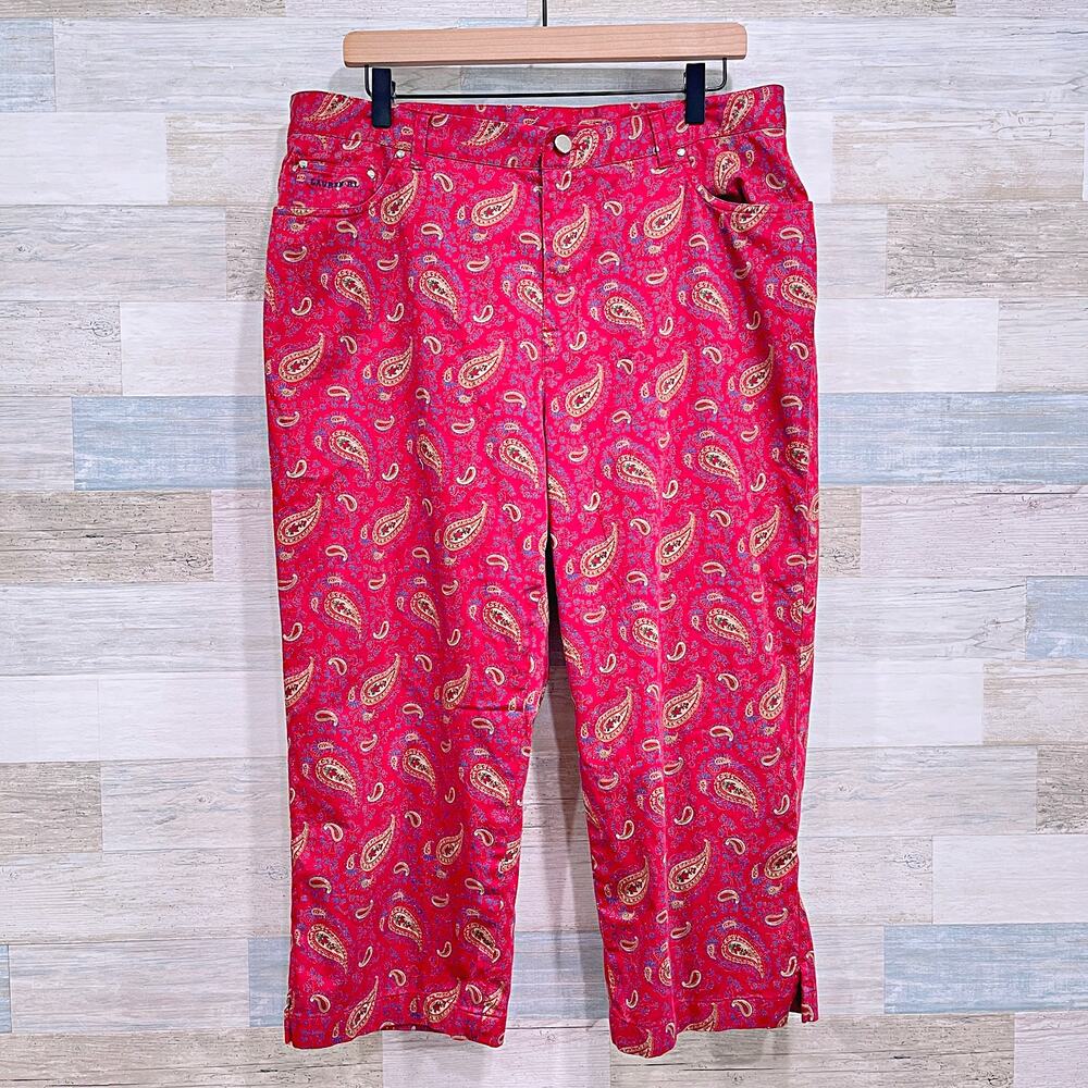 LRL RALPH LAUREN Paisley Crop Pants Red High Rise Stretch Cotton Womens 16 16W